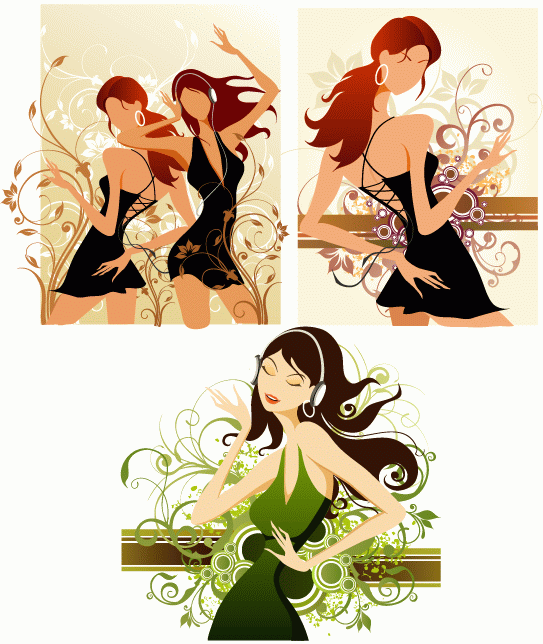 3款时尚美女花纹矢量图