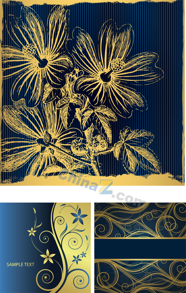 金色蓝底花纹背景矢量图
