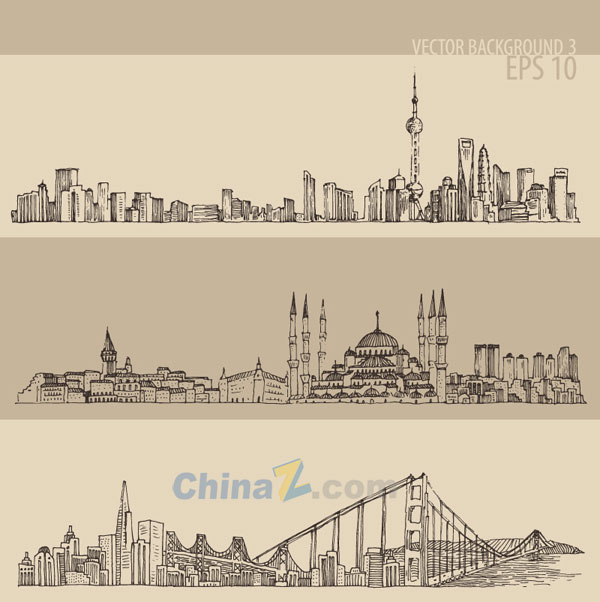手绘城市横幅背景矢量