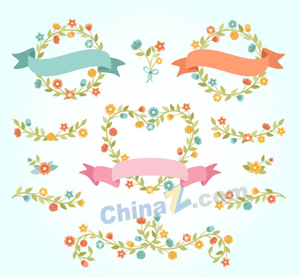 卡通花卉与丝带矢量图