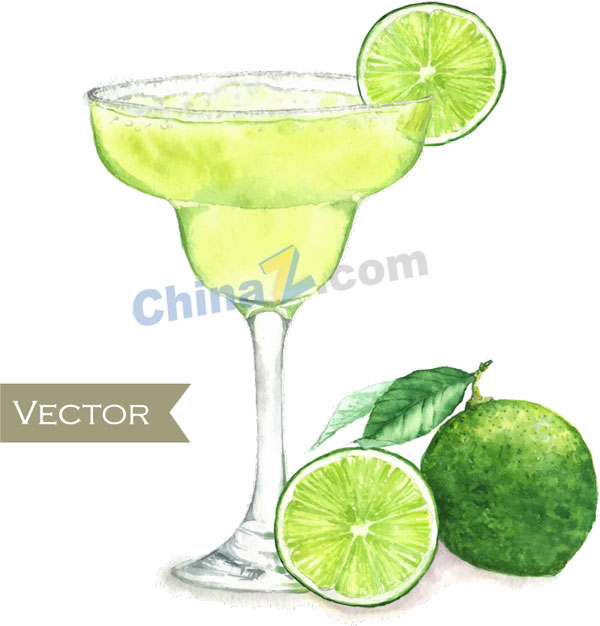 手绘绿色柠檬鸡尾酒