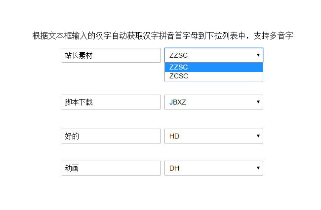 JS输入汉字转换成拼音首字母代码