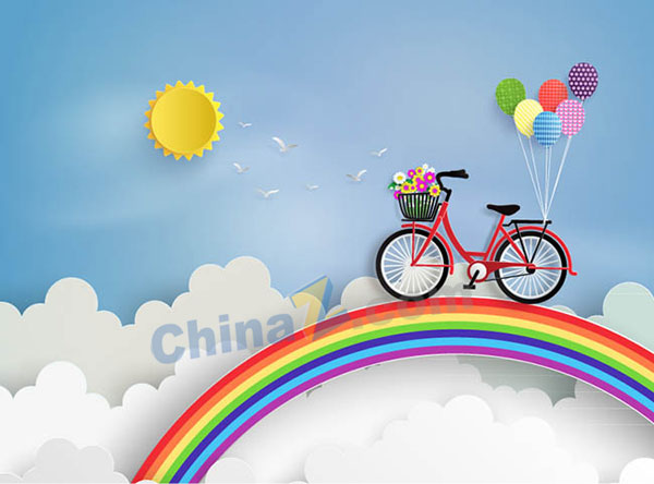 彩虹上的单车矢量素材