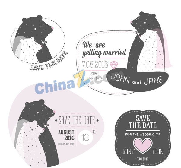 卡通熊婚礼标签矢量图