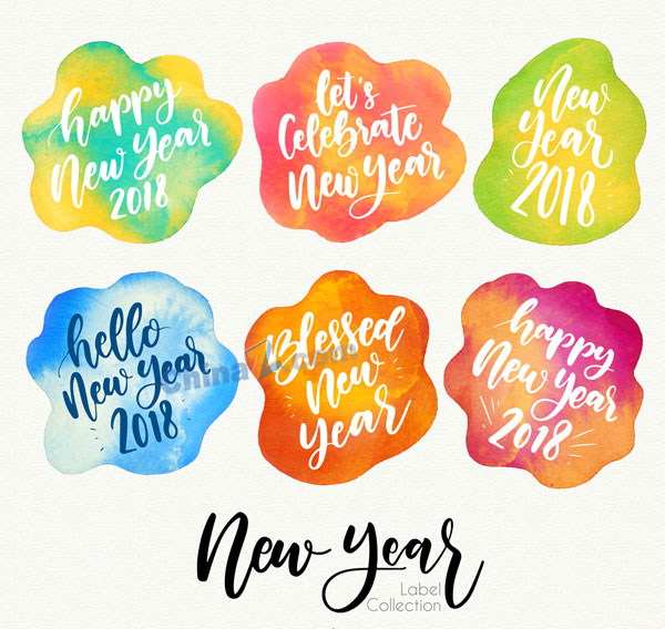 混色水彩墨迹新年快乐标签矢量