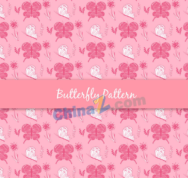 彩绘粉色蝴蝶和花卉无缝背景