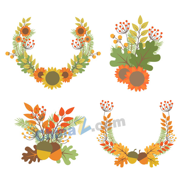 彩色秋季花束和花环矢量图
