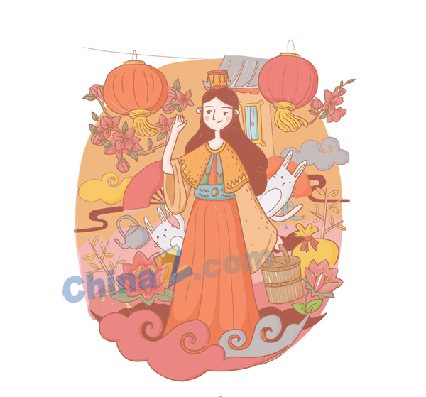 彩绘嫦娥和玉兔插画矢量