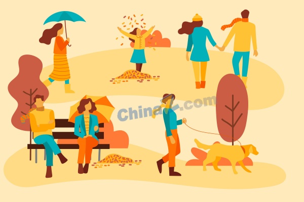 秋天人物故事矢量