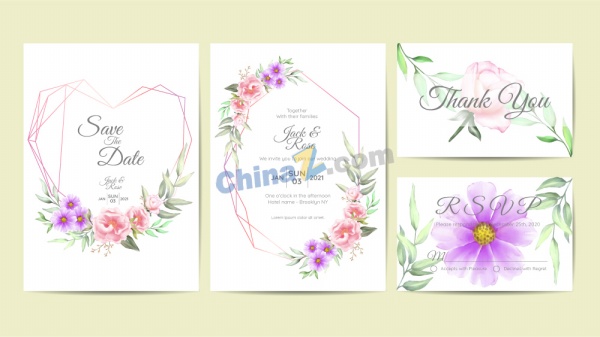 花卉边框婚礼卡片设计矢量