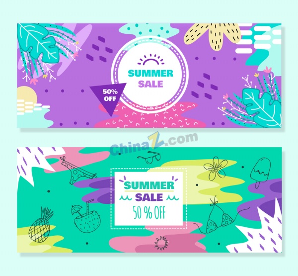 彩色夏季半价促销banner矢量