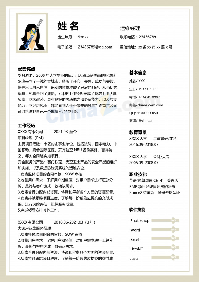 运维经理简历模板下载word格式