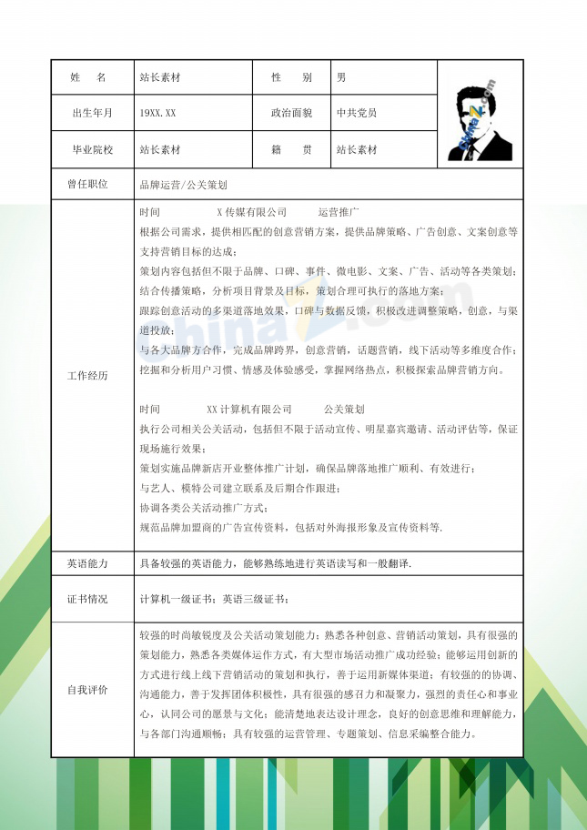 运营推广简历表格免费下载