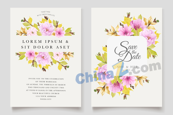 樱花装饰婚礼卡片模板设计
