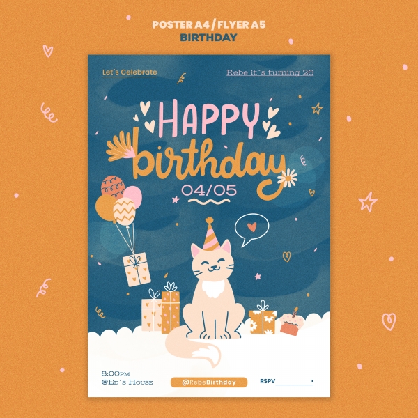 宠物猫咪生日派对海报PSD模板
