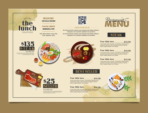 优雅西餐食品菜单设计矢量模板