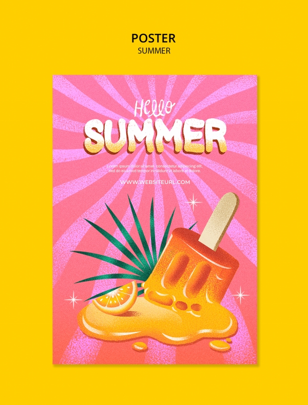 你好夏天卡通插画风格海报设计
