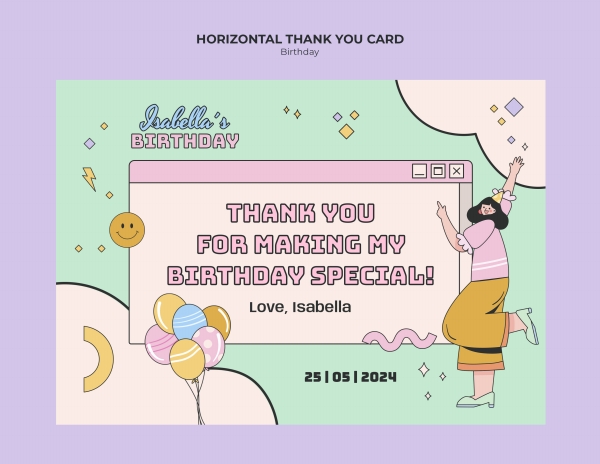 卡通风格生日感谢卡模板设计