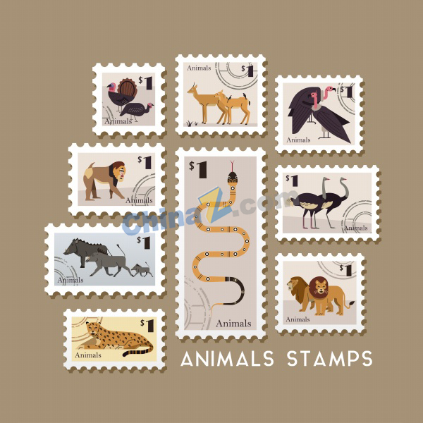 平面复古卡通动物邮票合集矢量